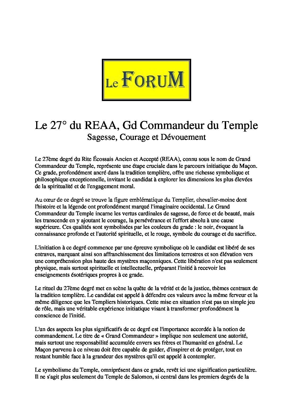 Le 27° du REAA – Gd Commandeur du Temple - LC2700 - Sources pour Franc-maçon