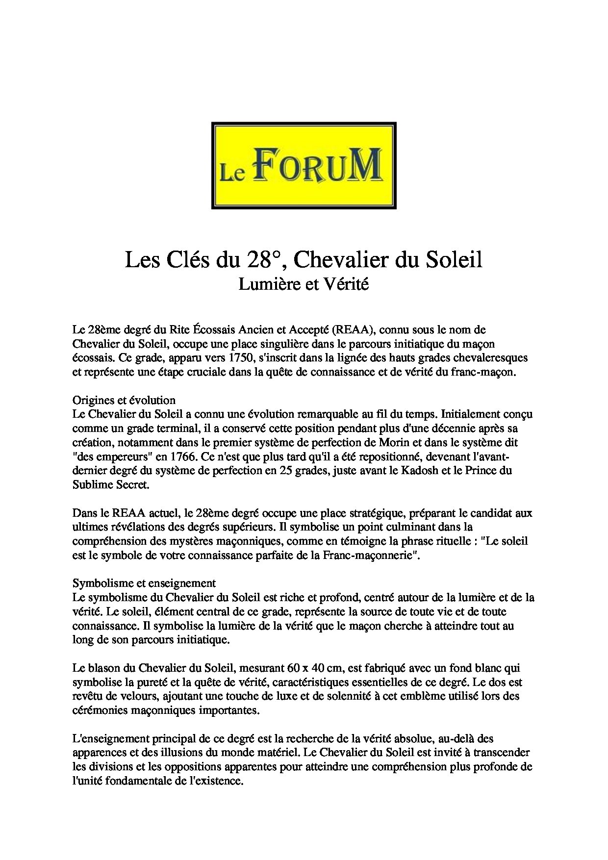 Les Clés du 28° – Chevalier du Soleil - LC2800 - Sources pour Franc-maçon