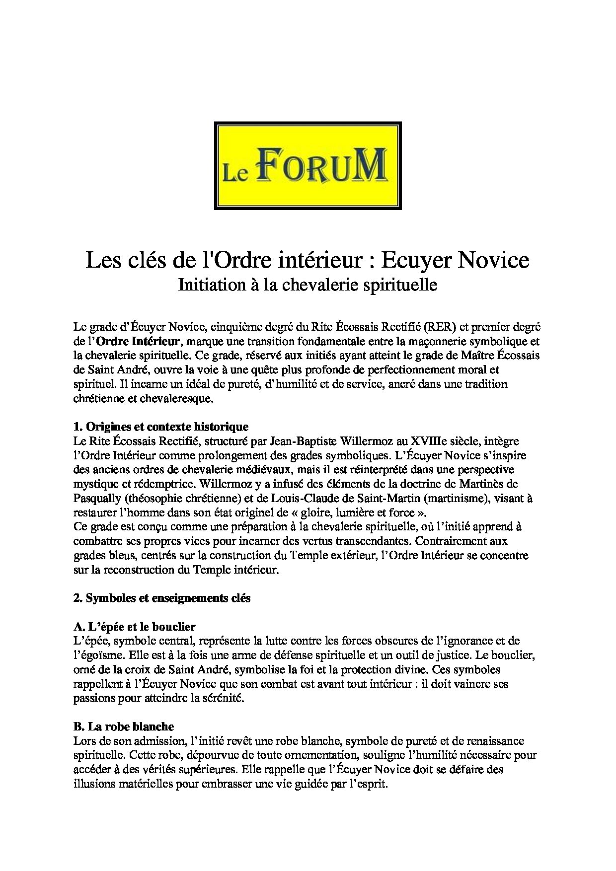 Les clés du RER – Ordre intérieur : Ecuyer Novice, l'Epée et le bouclier - LC05E1 - Sources pour Franc-maçon