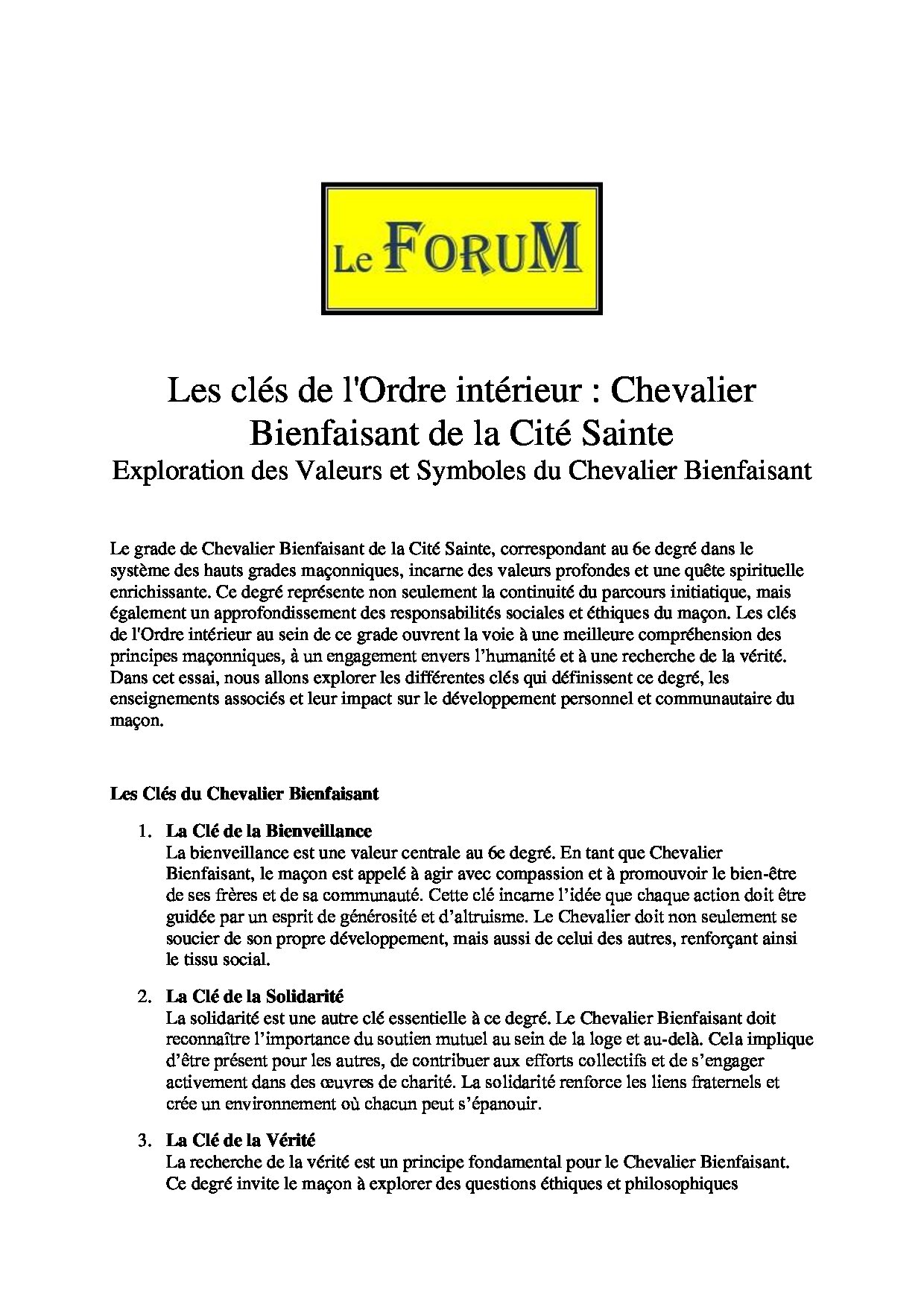 Les clés du RER – Ordre intérieur : Le CBCS, Ch. Bienfaisant de la Cité Sainte - LC06E1-3 - Sources pour Franc-maçon