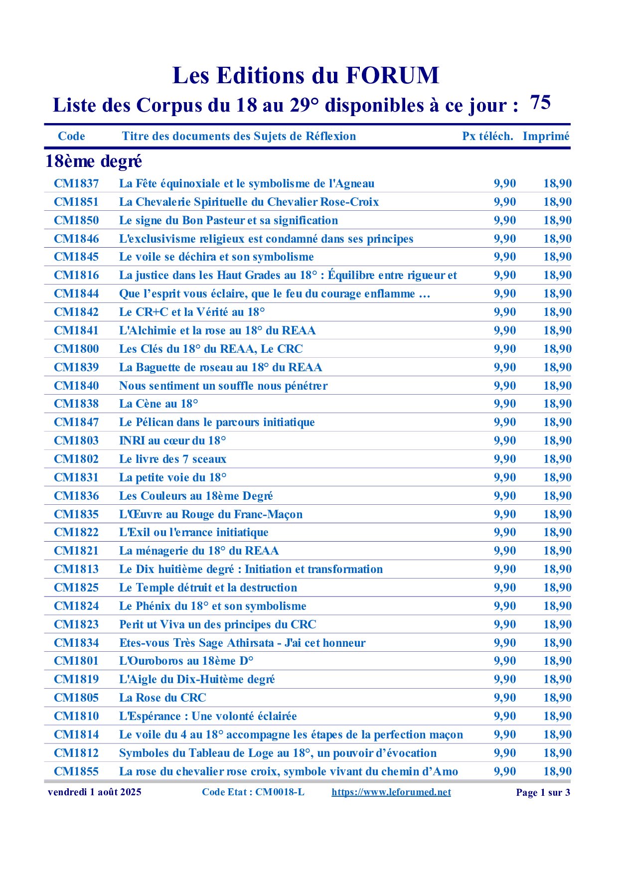 Liste des Corpus Maçonniques du 18 au 29° - CM0018-L - Sources pour Franc-maçon