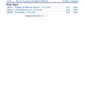 Liste des Sujets de Réflexion du 9 au 11° – Un Le Tout - SR0009-L - Sources pour Franc-maçon