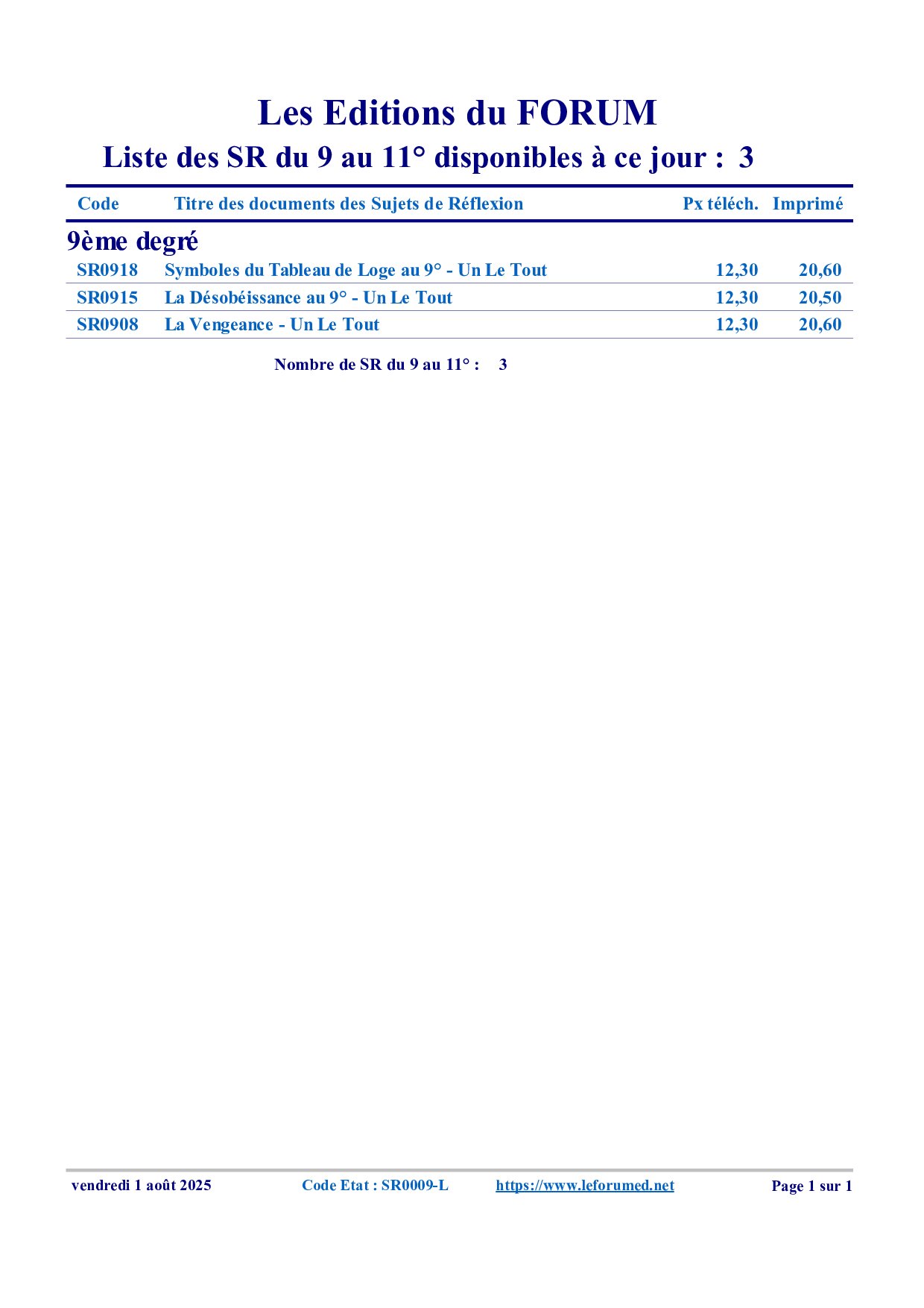 Liste des Sujets de Réflexion du 9 au 11° – Un Le Tout - SR0009-L - Sources pour Franc-maçon