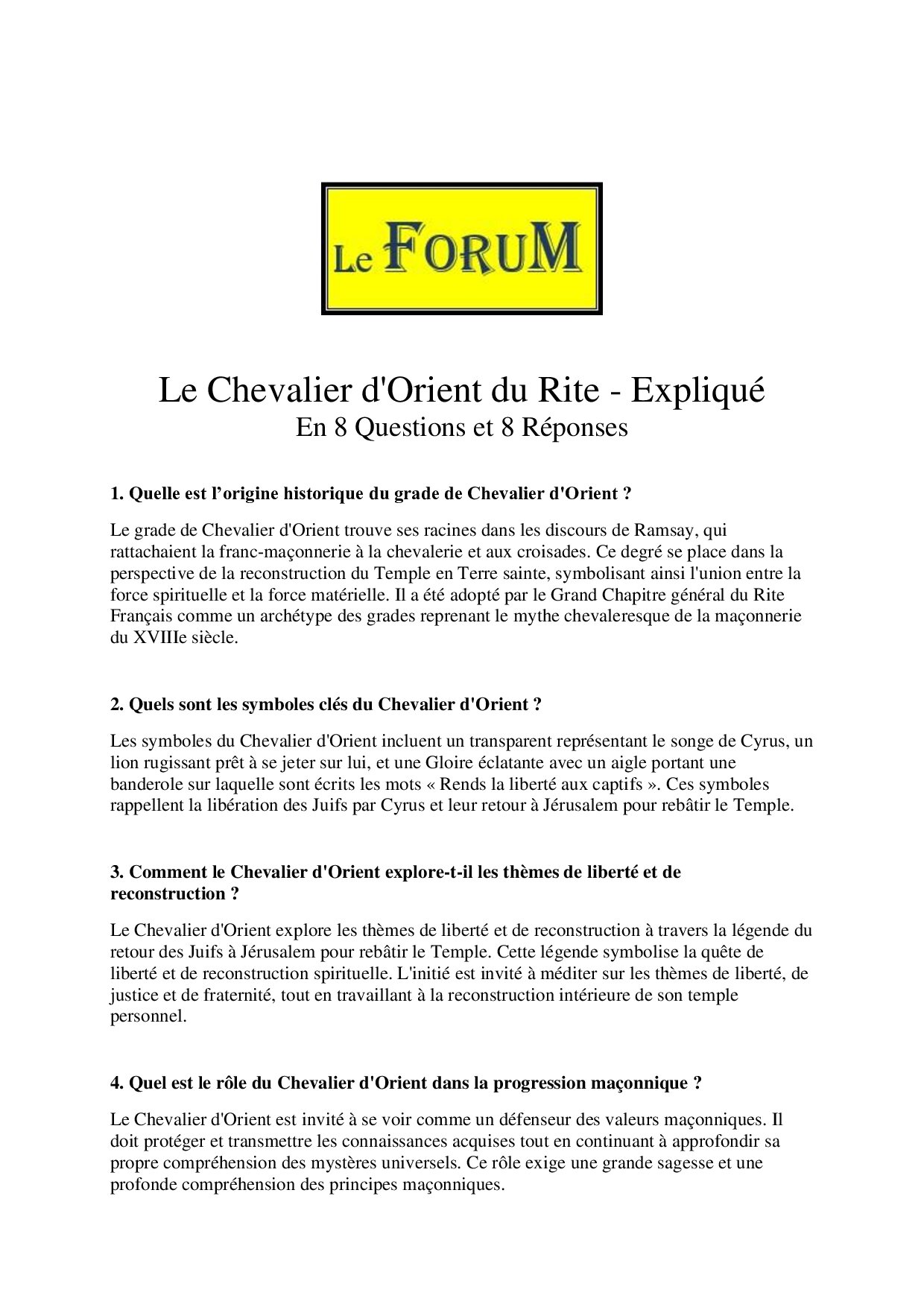 Le Chevalier d'Orient du Rite Français – Expliqué - LC06R1-2 - Sources pour Franc-maçon