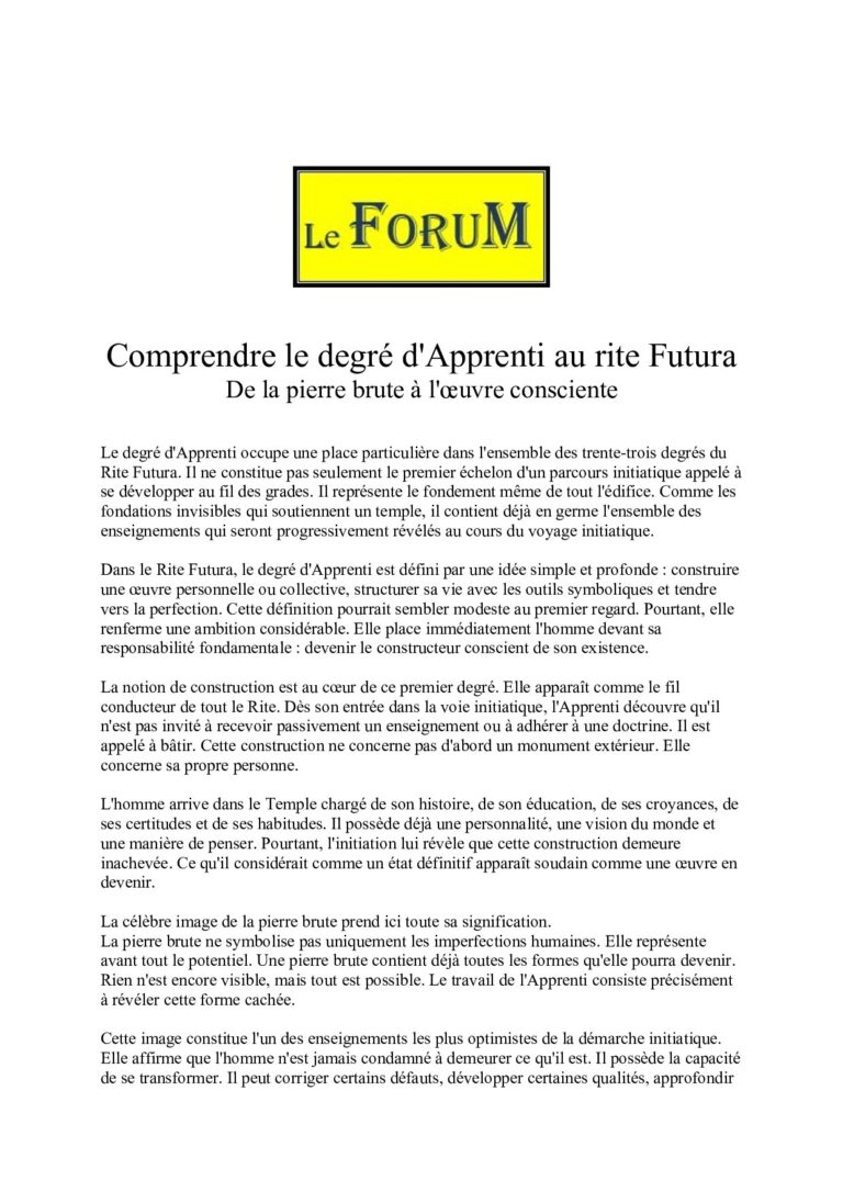 Comprendre le degré d'Apprenti au rite Futura - LC01FU - Sources pour Franc-maçon