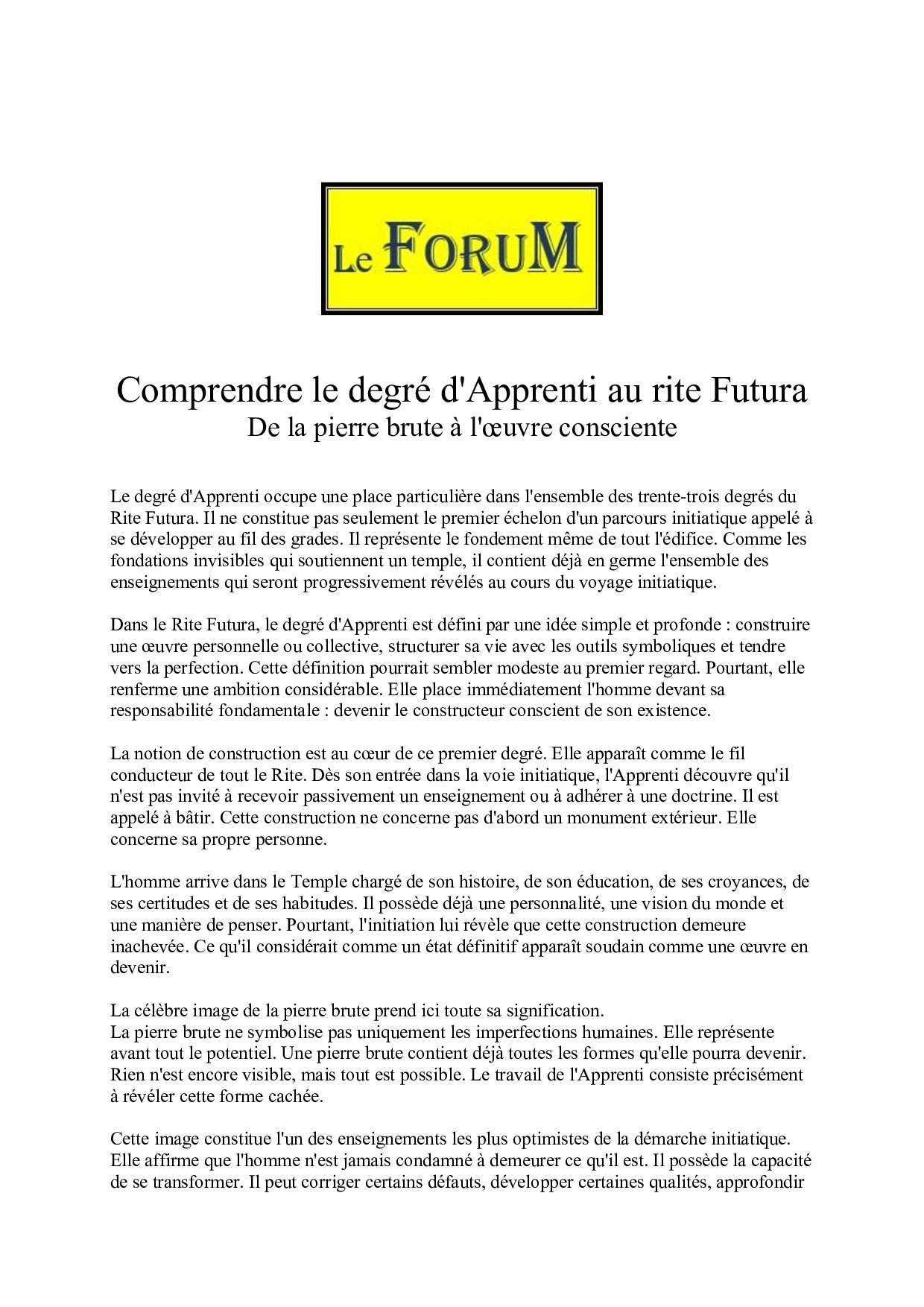 Comprendre le degré d'Apprenti au rite Futura - LC01FU - Sources pour Franc-maçon