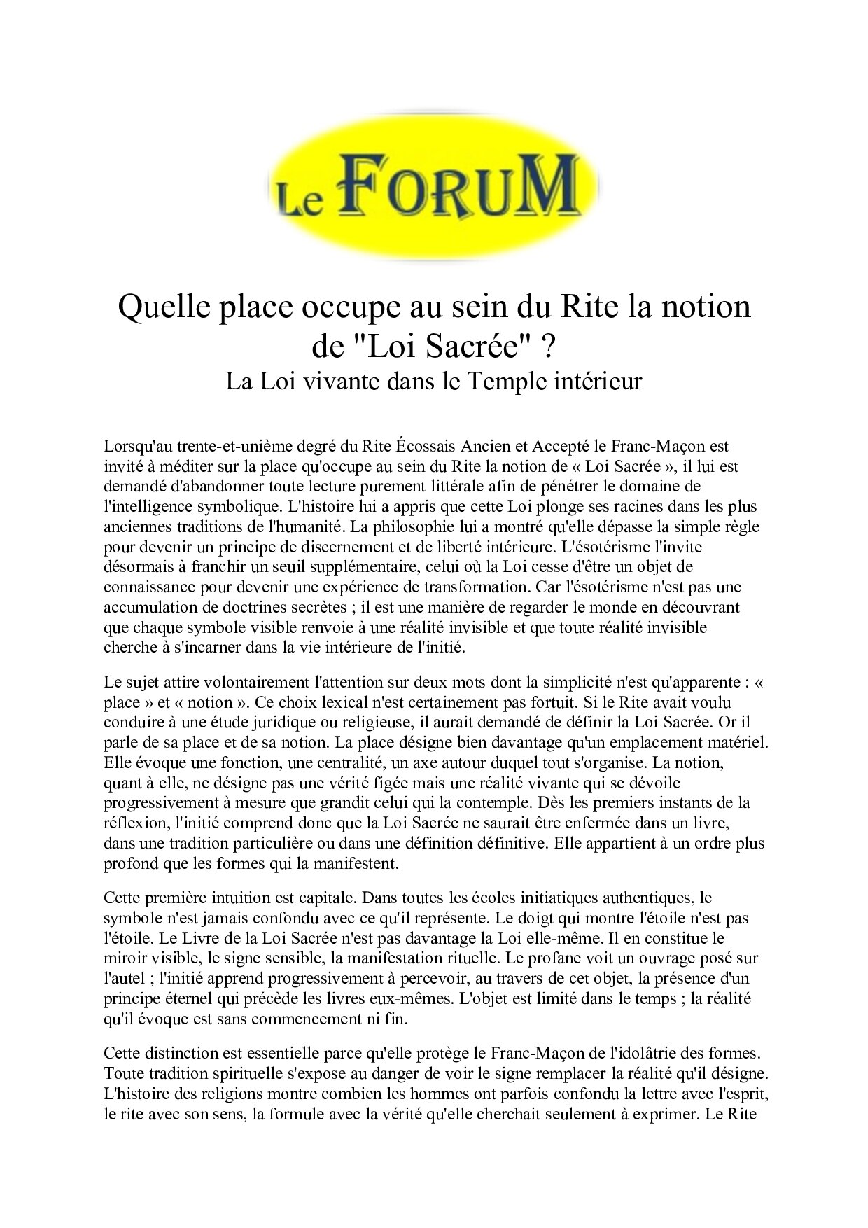 Quelle place occupe au sein du Rite la notion de « Loi Sacrée » ? – Planche 7