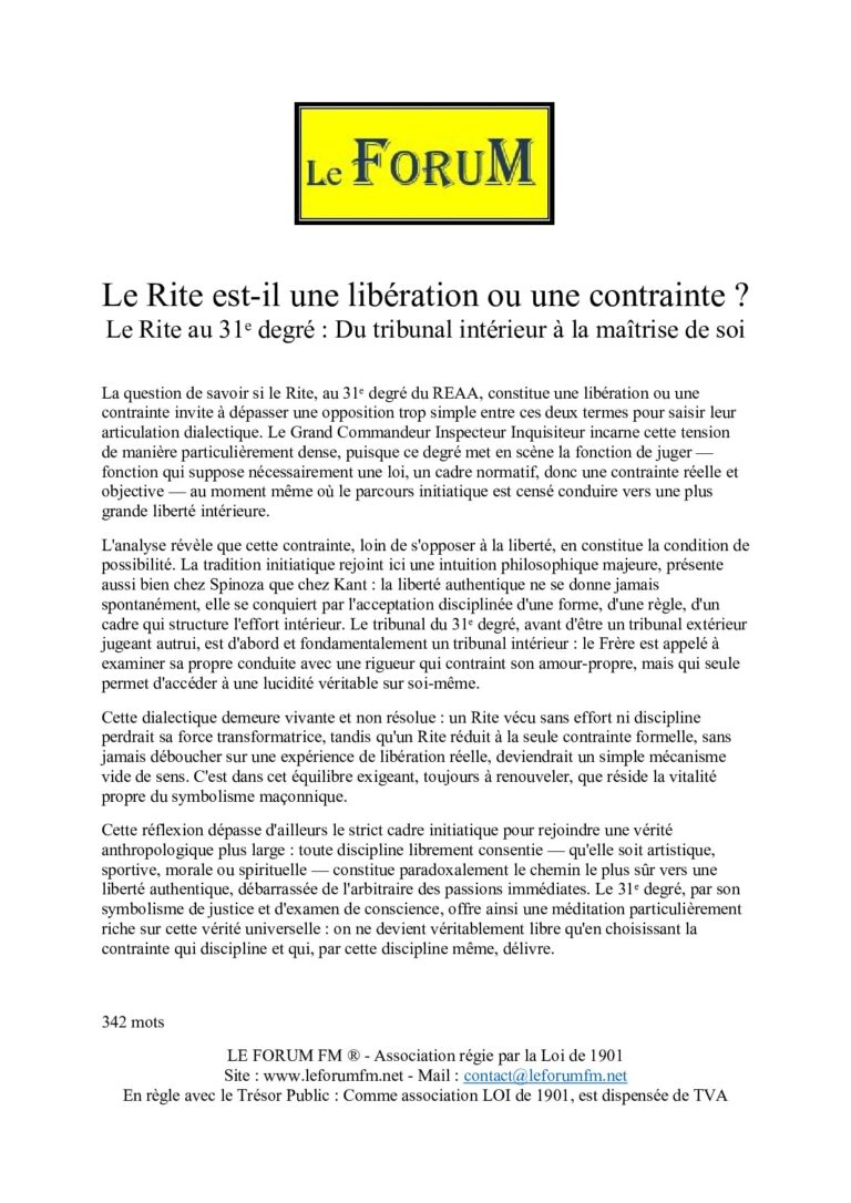 Le Rite est-il une libération ou une contrainte ? - 57240 - Sources pour Franc-maçon
