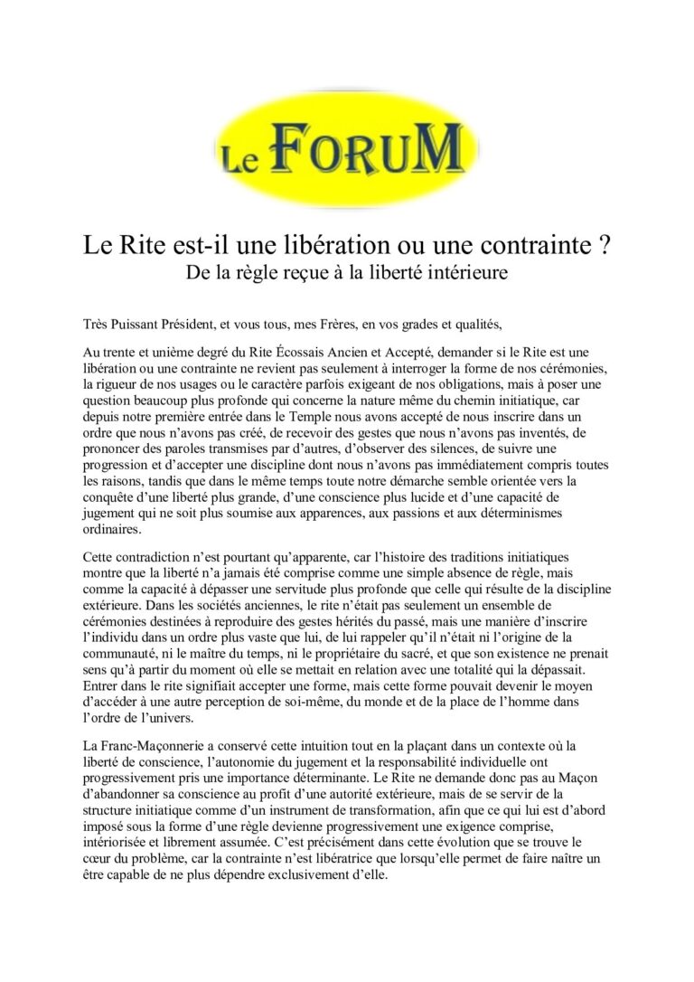 Le Rite est-il une libération ou une contrainte ? – Planche - 57243 - Sources pour Franc-maçon