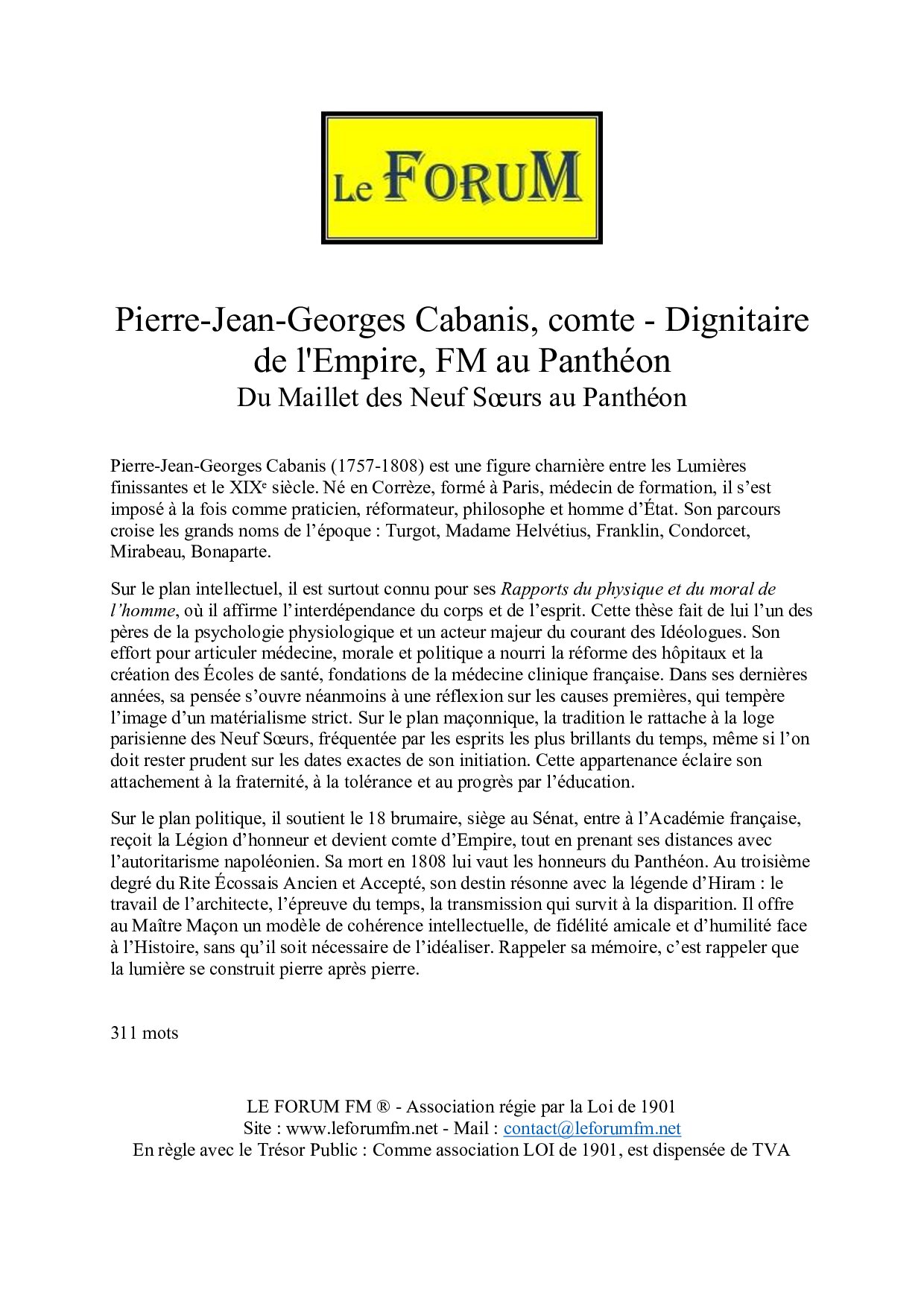 Pierre-Jean-Georges Cabanis, comte – Dignitaire de l’Empire, FM au Panthéon