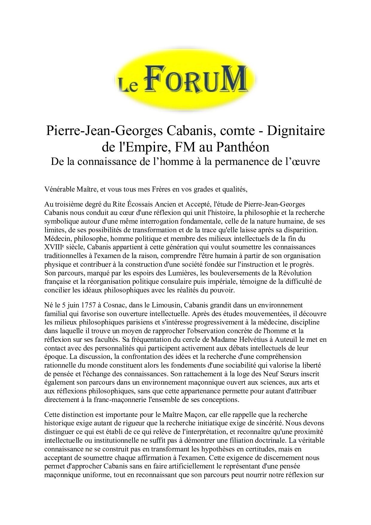 Pierre-Jean-Georges Cabanis, comte – Dignitaire de l’Empire, FM au Panthéon – Planche